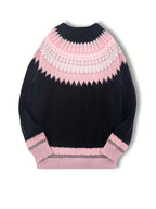 Chunky Knit Jacquard Sweater Women's Green Black Round Neck Pullover – Casual, Office