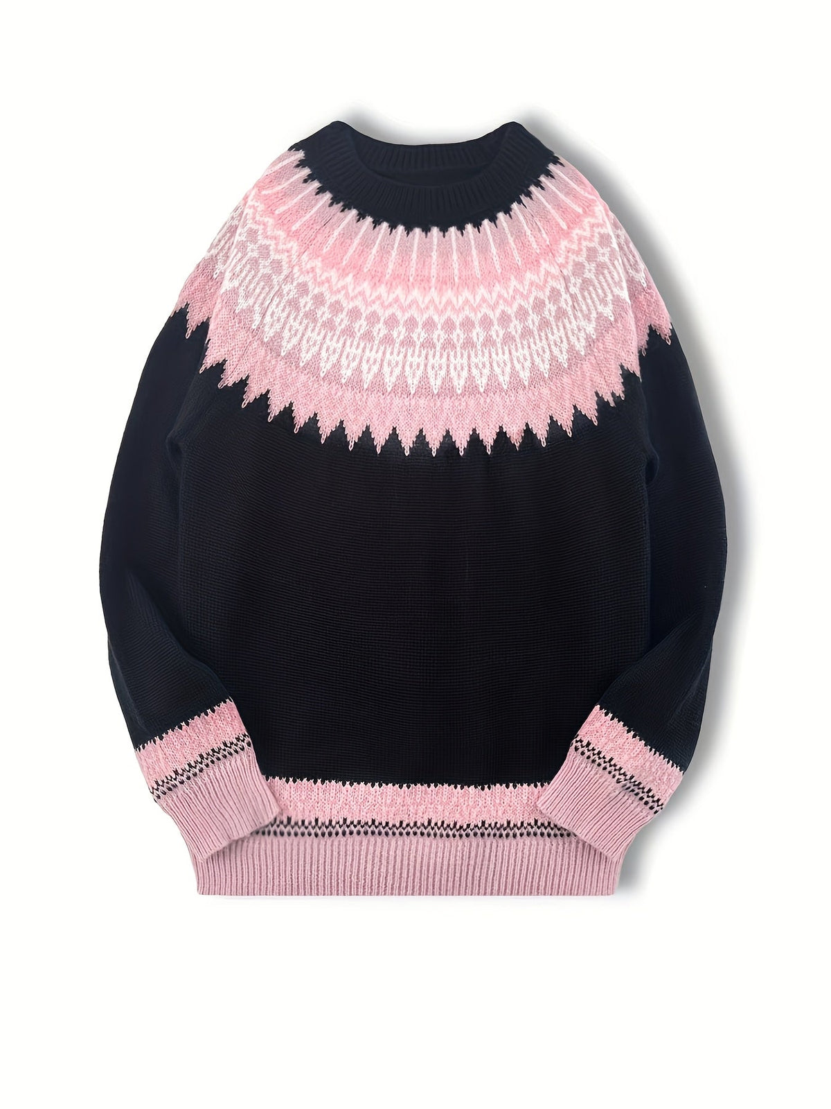 Chunky Knit Jacquard Sweater Women's Green Black Round Neck Pullover – Casual, Office