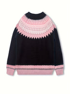 Chunky Knit Jacquard Sweater Women's Green Black Round Neck Pullover – Casual, Office