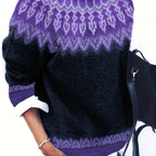 Chunky Knit Jacquard Sweater Women's Green Black Round Neck Pullover – Casual, Office