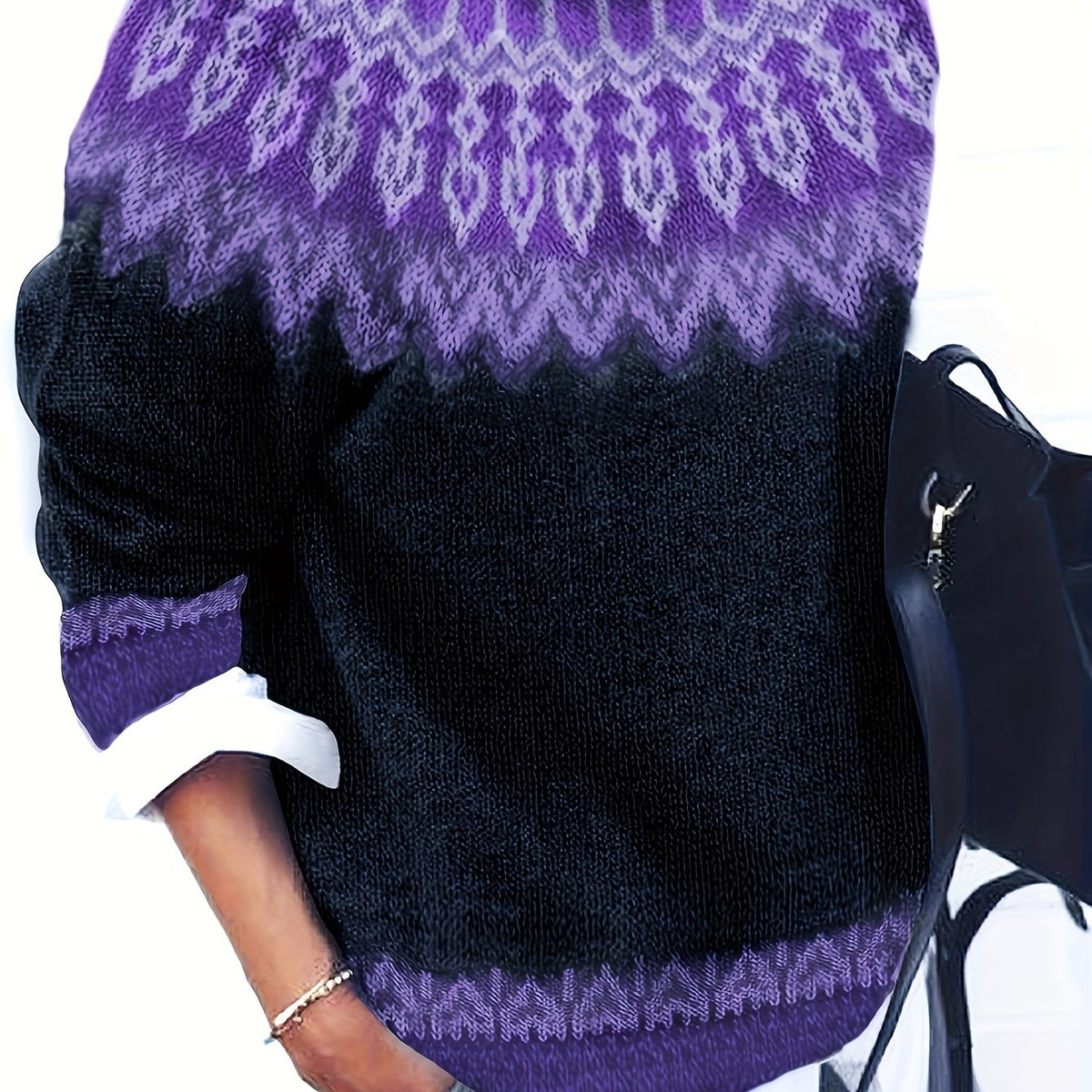 Chunky Knit Jacquard Sweater Women's Green Black Round Neck Pullover – Casual, Office