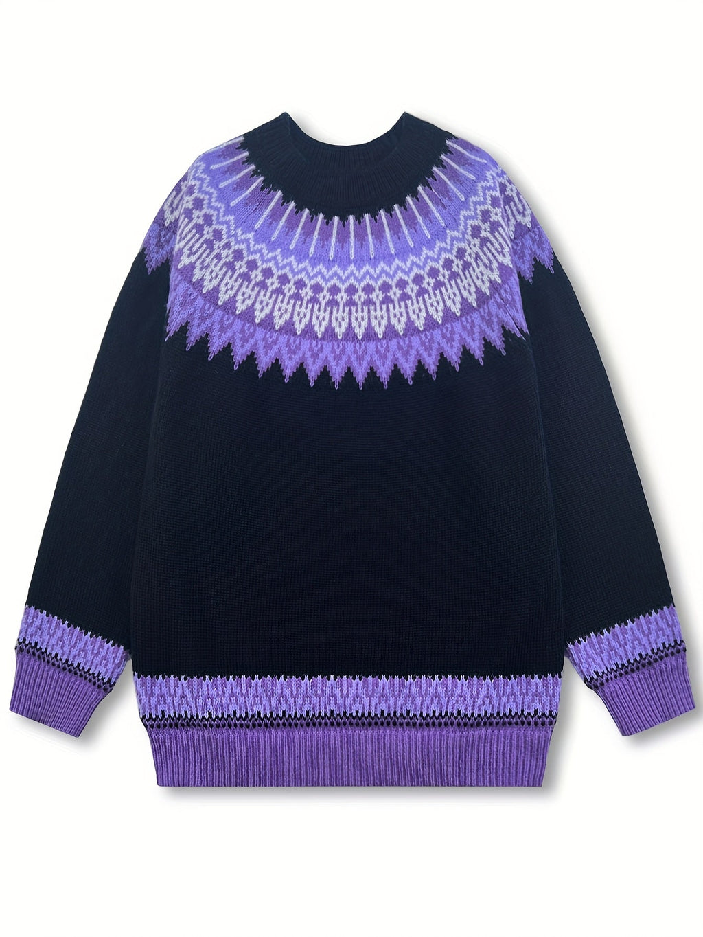 Chunky Knit Jacquard Sweater Women's Green Black Round Neck Pullover – Casual, Office