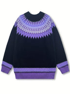 Chunky Knit Jacquard Sweater Women's Green Black Round Neck Pullover – Casual, Office