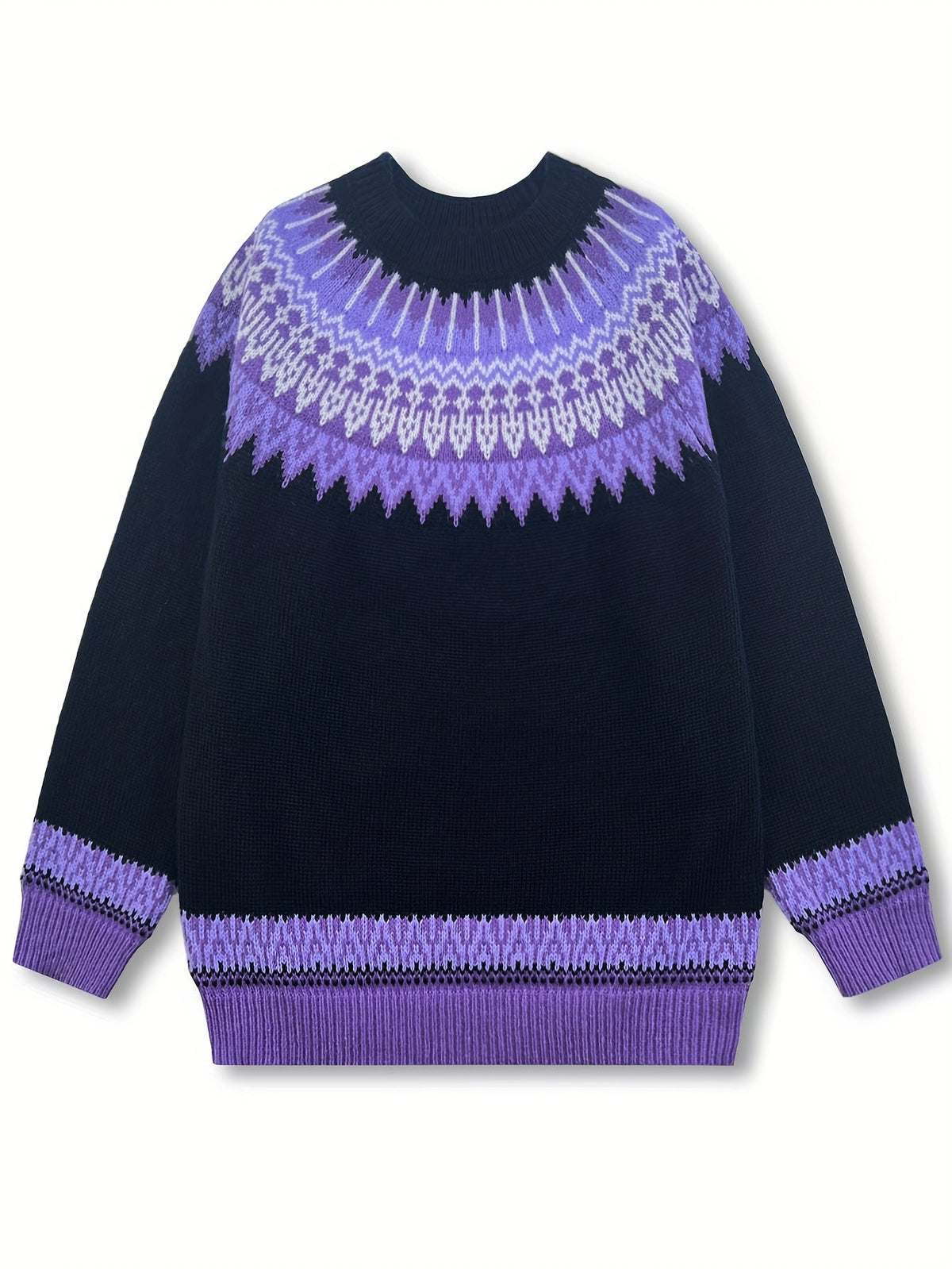 Chunky Knit Jacquard Sweater Women's Green Black Round Neck Pullover – Casual, Office