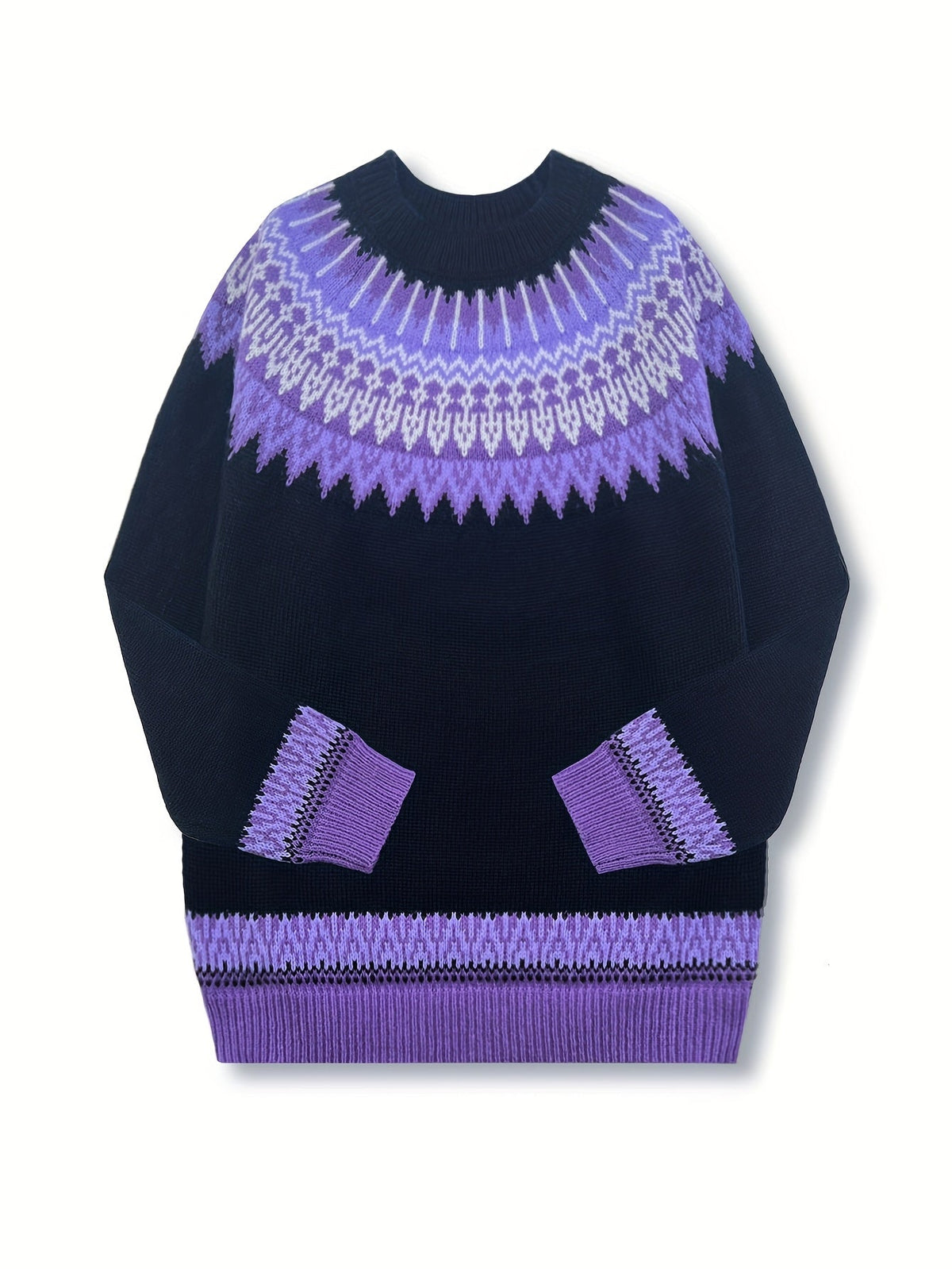 Chunky Knit Jacquard Sweater Women's Green Black Round Neck Pullover – Casual, Office
