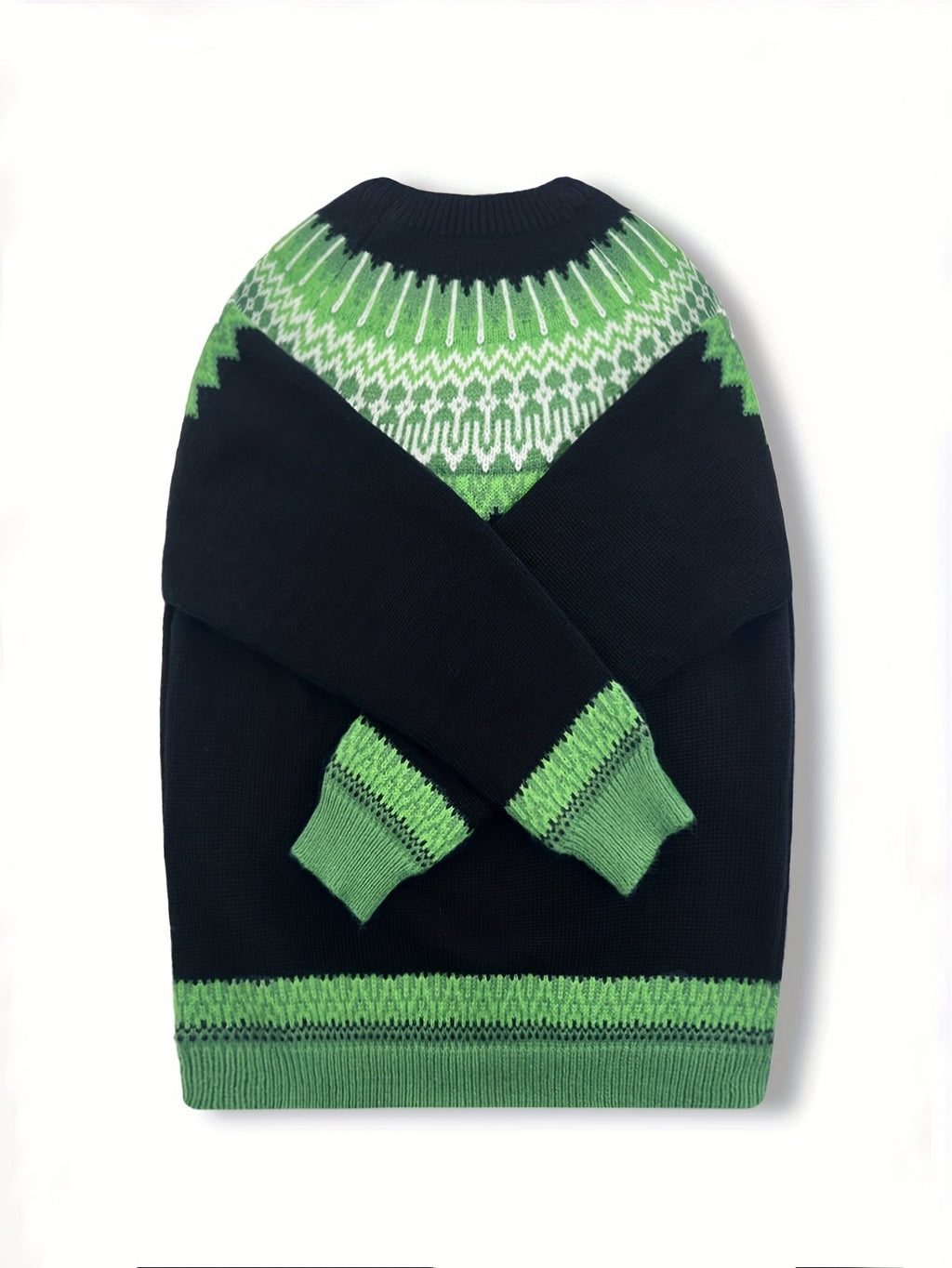 Chunky Knit Jacquard Sweater Women's Green Black Round Neck Pullover – Casual, Office
