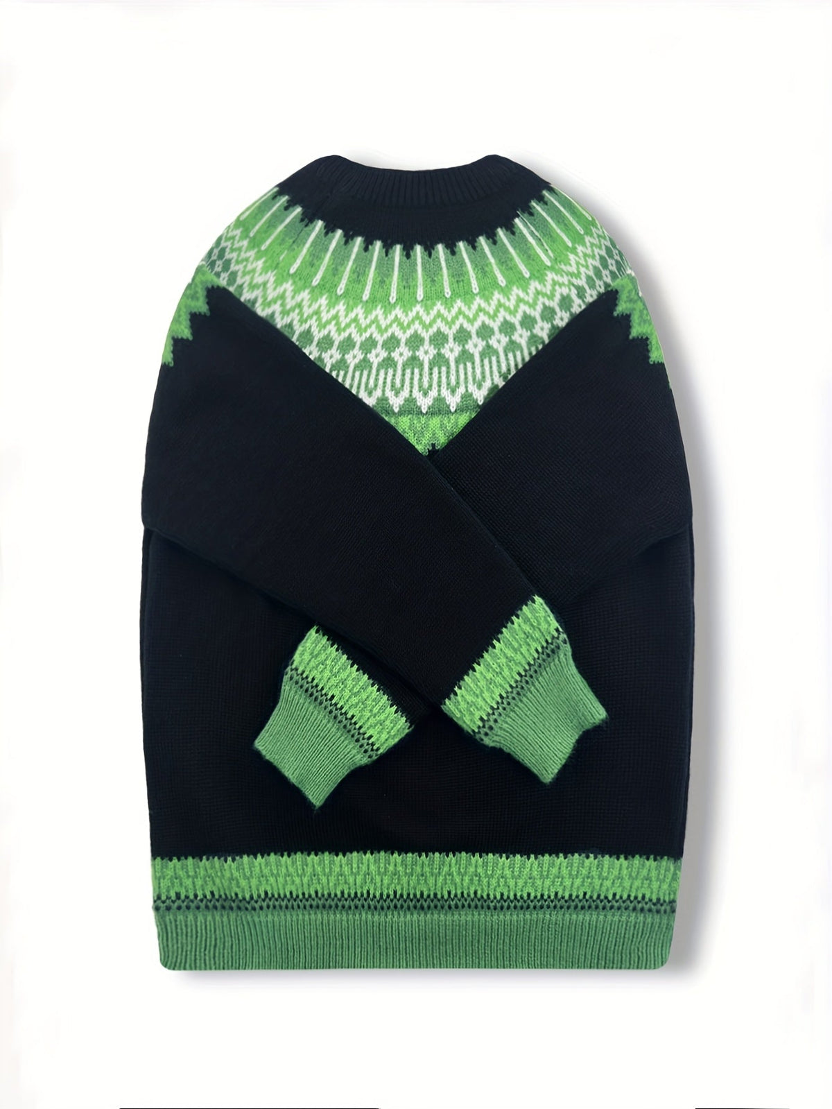 Chunky Knit Jacquard Sweater Women's Green Black Round Neck Pullover – Casual, Office
