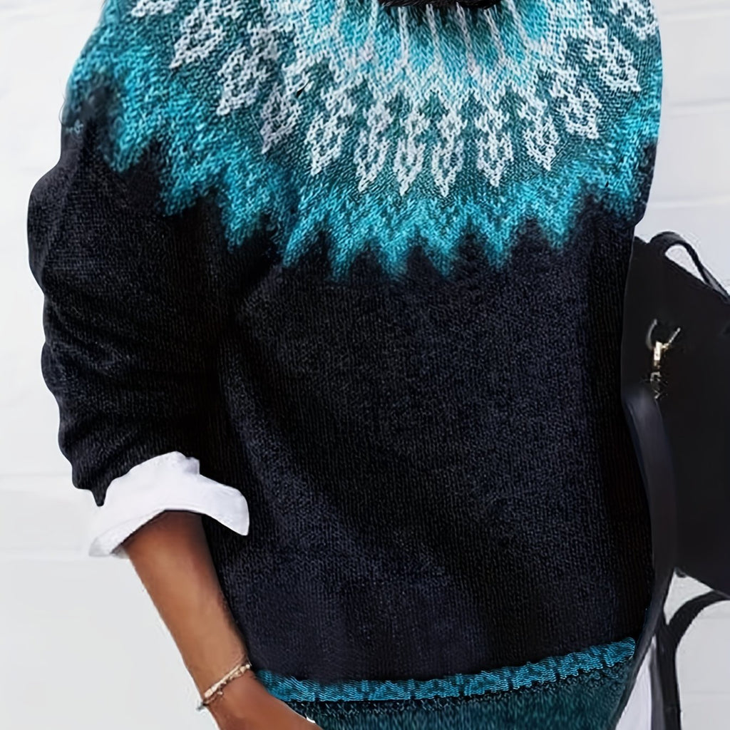 Chunky Knit Jacquard Sweater Women's Green Black Round Neck Pullover – Casual, Office