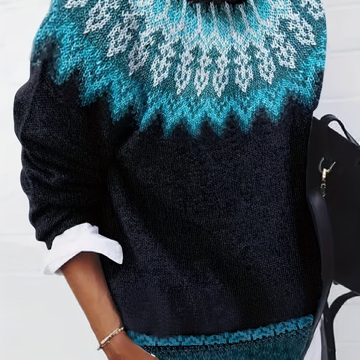 Chunky Knit Jacquard Sweater Women's Green Black Round Neck Pullover – Casual, Office