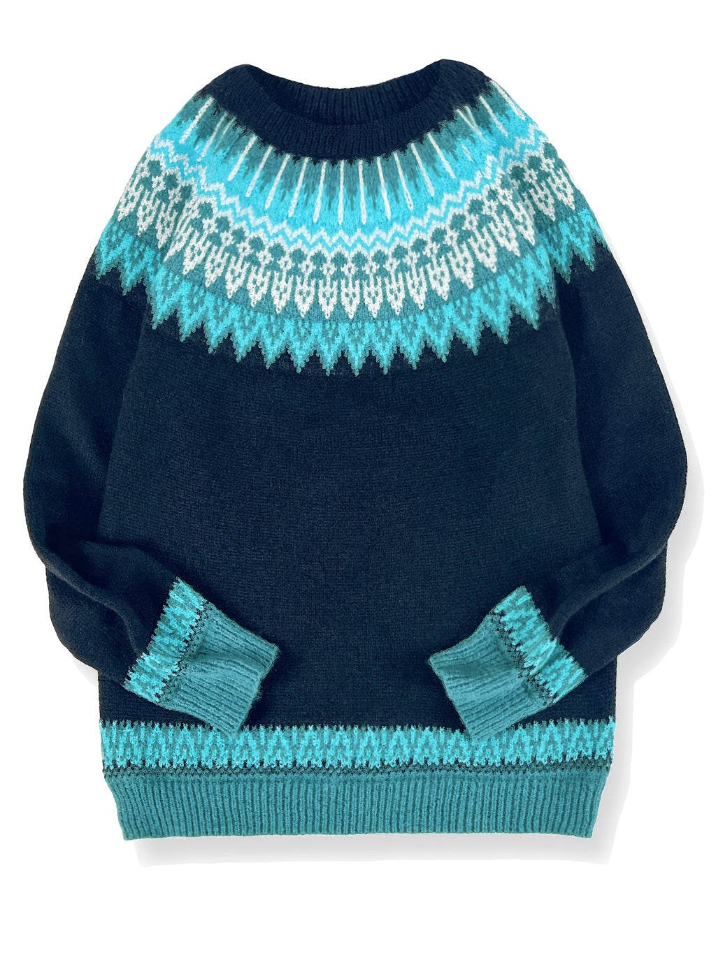 Chunky Knit Jacquard Sweater Women's Green Black Round Neck Pullover – Casual, Office