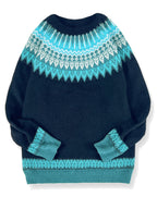 Chunky Knit Jacquard Sweater Women's Green Black Round Neck Pullover – Casual, Office