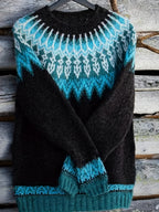 Chunky Knit Jacquard Sweater Women's Green Black Round Neck Pullover – Casual, Office