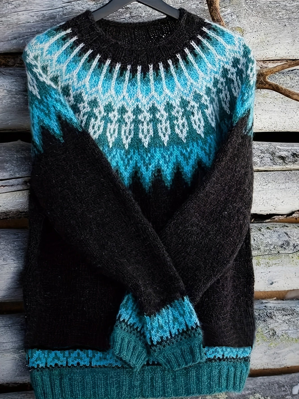 Chunky Knit Jacquard Sweater Women's Green Black Round Neck Pullover – Casual, Office