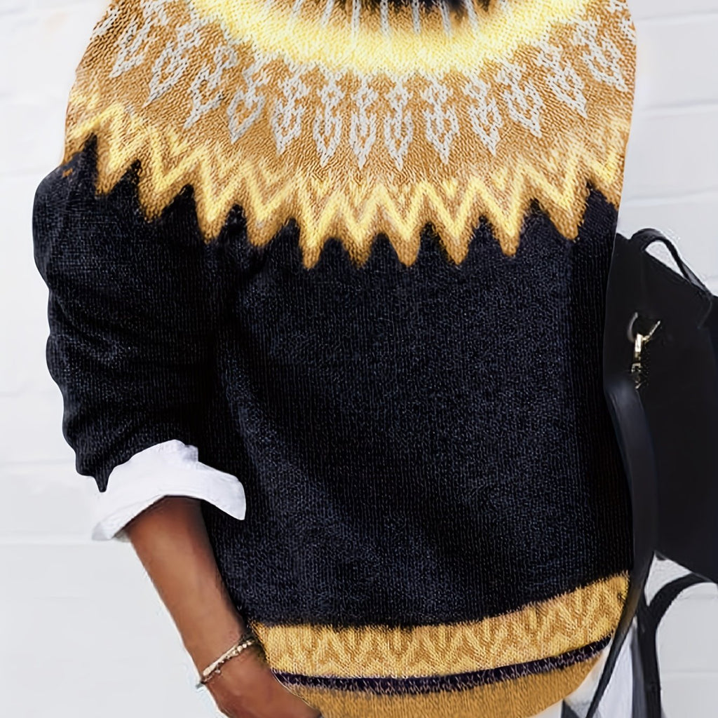 Chunky Knit Jacquard Sweater Women's Green Black Round Neck Pullover – Casual, Office