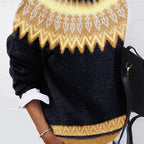 Chunky Knit Jacquard Sweater Women's Green Black Round Neck Pullover – Casual, Office