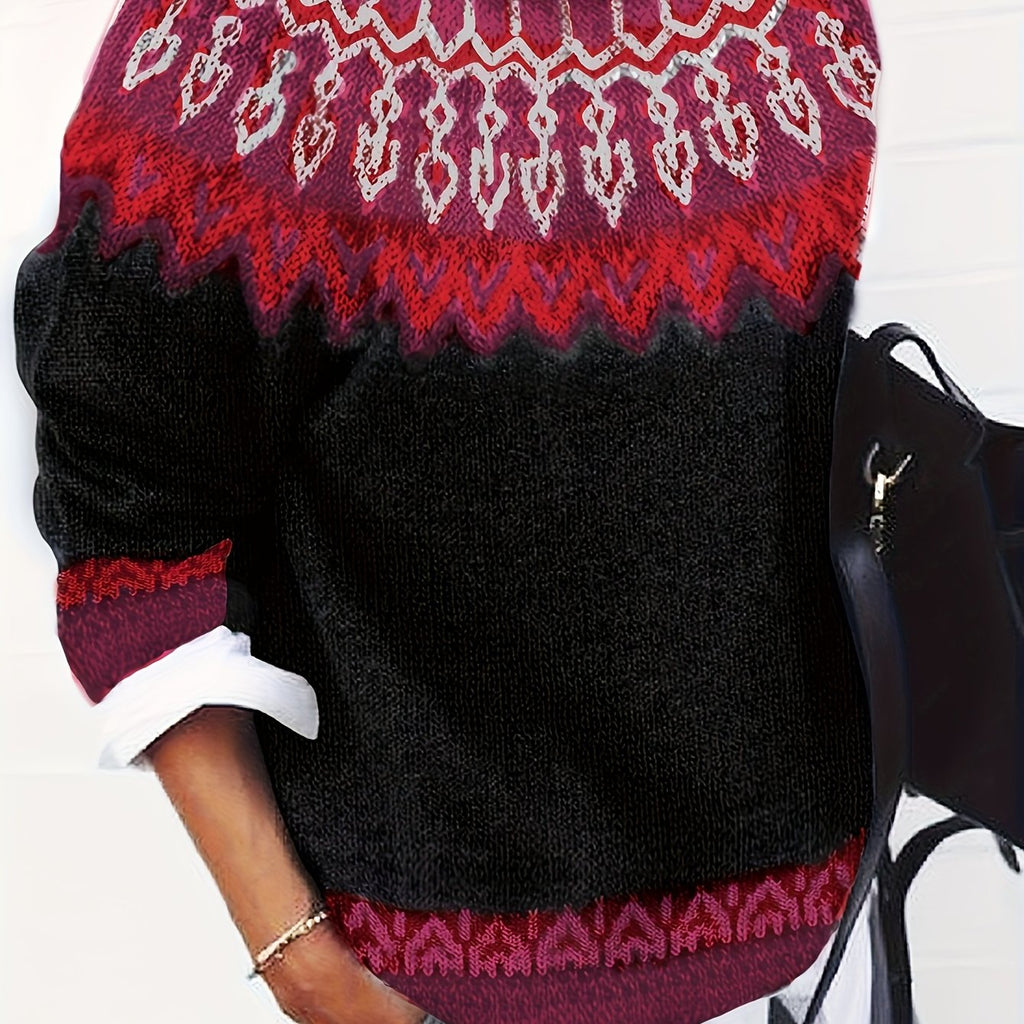 Chunky Knit Jacquard Sweater Women's Green Black Round Neck Pullover – Casual, Office