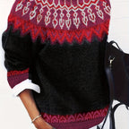Chunky Knit Jacquard Sweater Women's Green Black Round Neck Pullover – Casual, Office