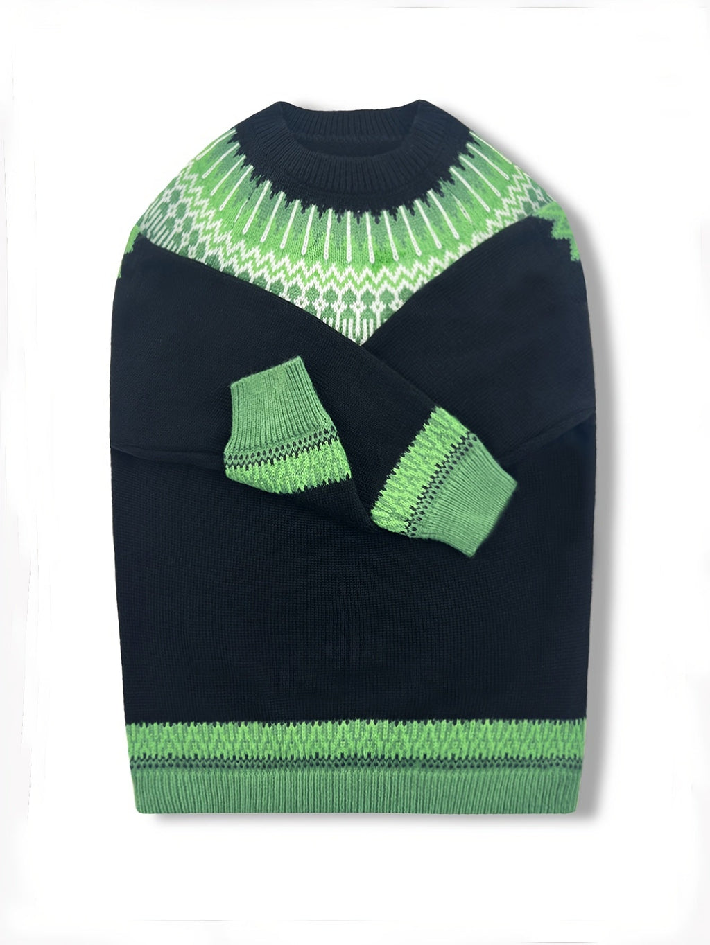 Chunky Knit Jacquard Sweater Women's Green Black Round Neck Pullover – Casual, Office