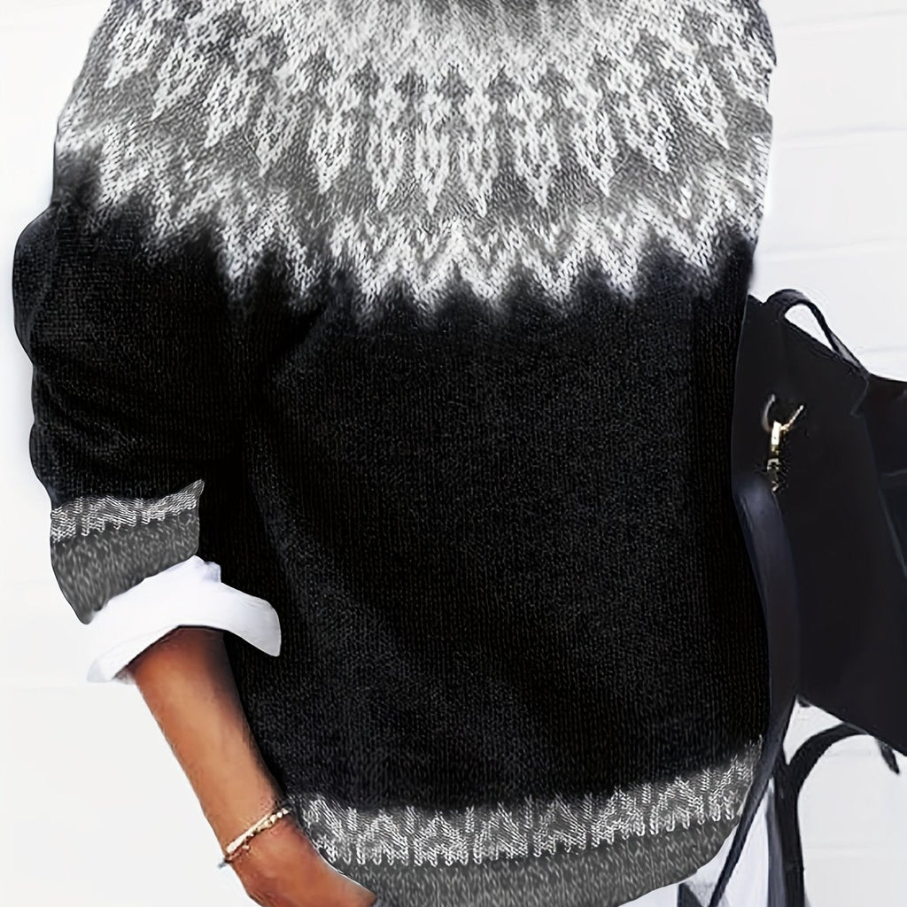 Chunky Knit Jacquard Sweater Women's Green Black Round Neck Pullover – Casual, Office