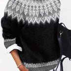 Chunky Knit Jacquard Sweater Women's Green Black Round Neck Pullover – Casual, Office