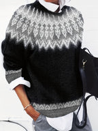 Chunky Knit Jacquard Sweater Women's Green Black Round Neck Pullover – Casual, Office