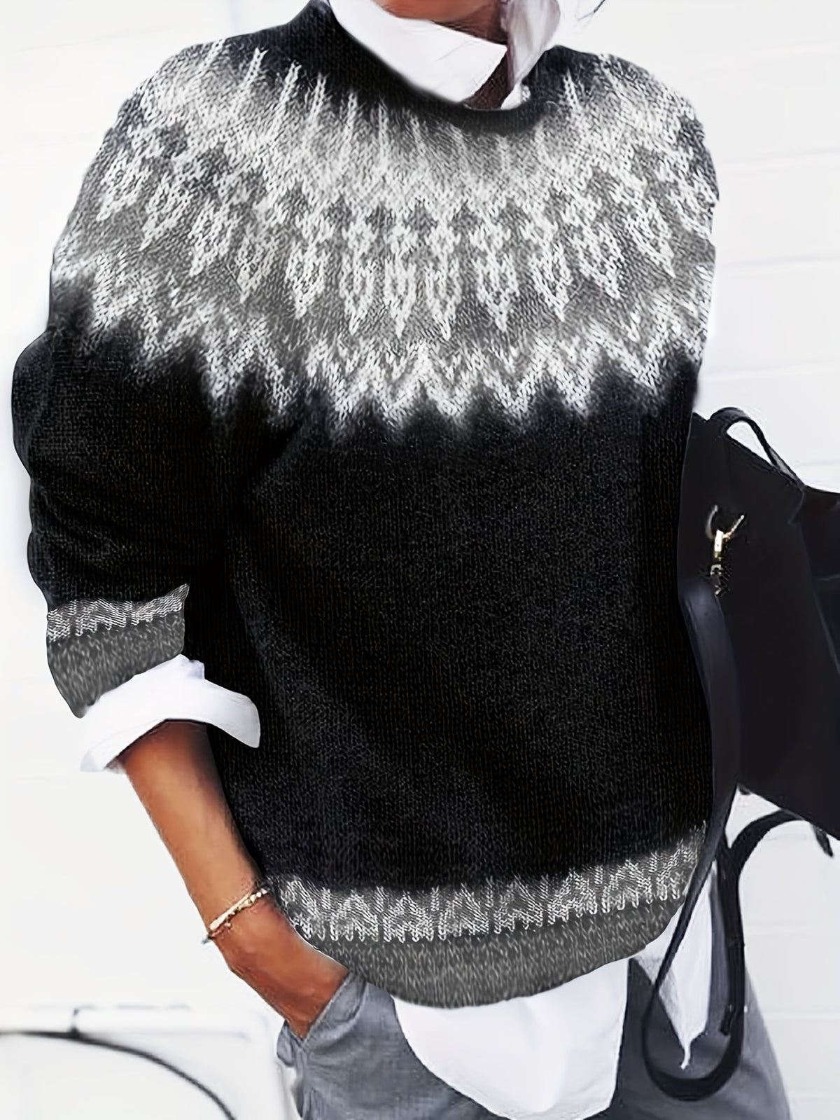 Chunky Knit Jacquard Sweater Women's Green Black Round Neck Pullover – Casual, Office