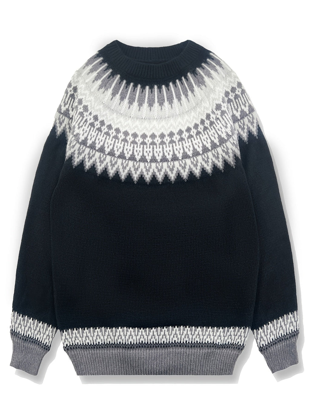Chunky Knit Jacquard Sweater Women's Green Black Round Neck Pullover – Casual, Office