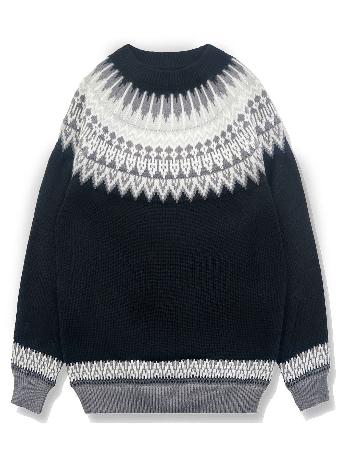 Chunky Knit Jacquard Sweater Women's Green Black Round Neck Pullover – Casual, Office