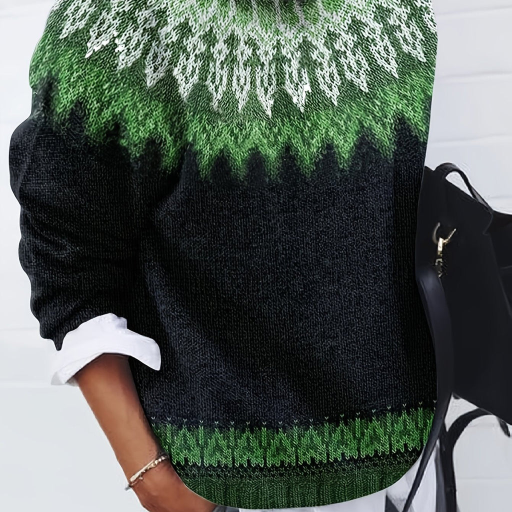 Chunky Knit Jacquard Sweater Women's Green Black Round Neck Pullover – Casual, Office