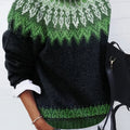 Chunky Knit Jacquard Sweater Women's Green Black Round Neck Pullover – Casual, Office
