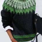 Chunky Knit Jacquard Sweater Women's Green Black Round Neck Pullover – Casual, Office