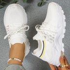 Chunky Platform Sneakers Women's Beige Mesh Lace-Up Shoes – Walking, Casual Everyday Comfort