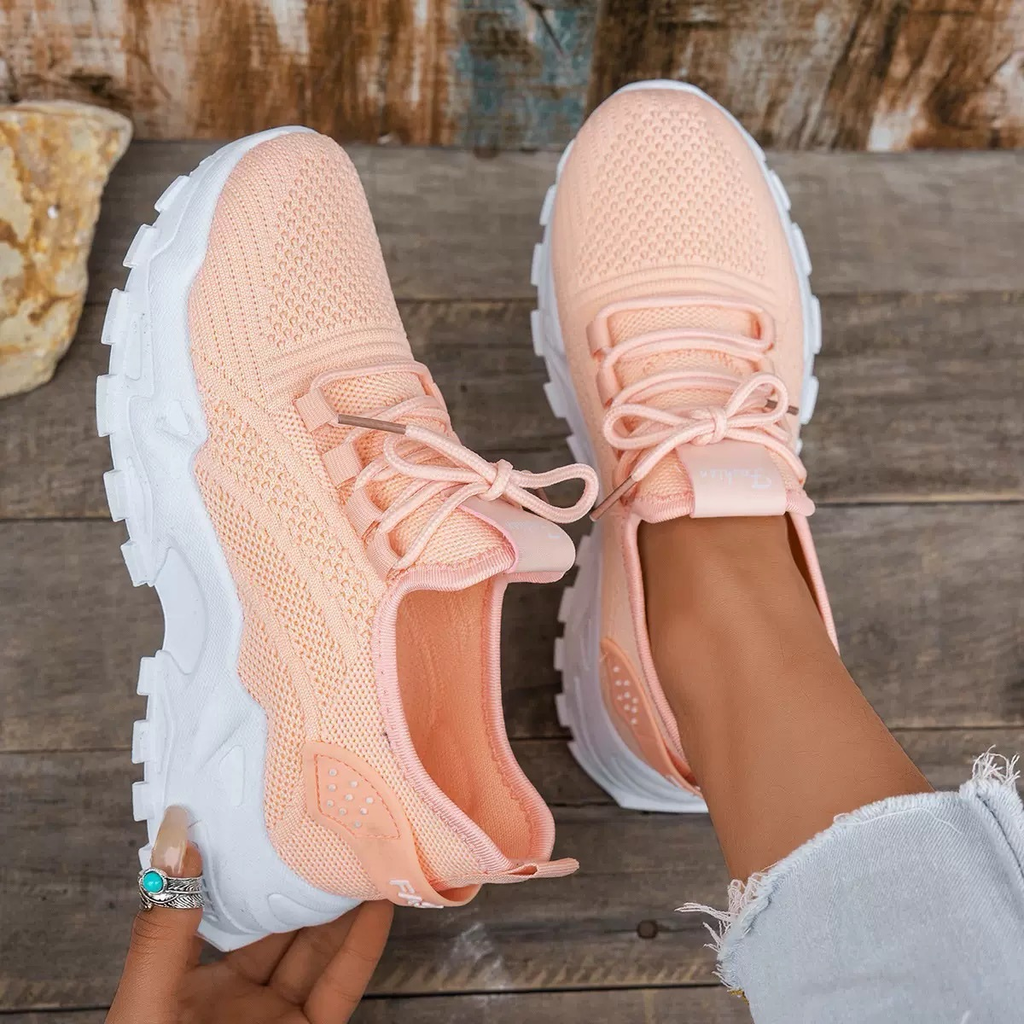 Chunky Sneakers Beige Mesh Lace-Up Platform Women's Trainers – Casual, Walking, Everyday Comfort