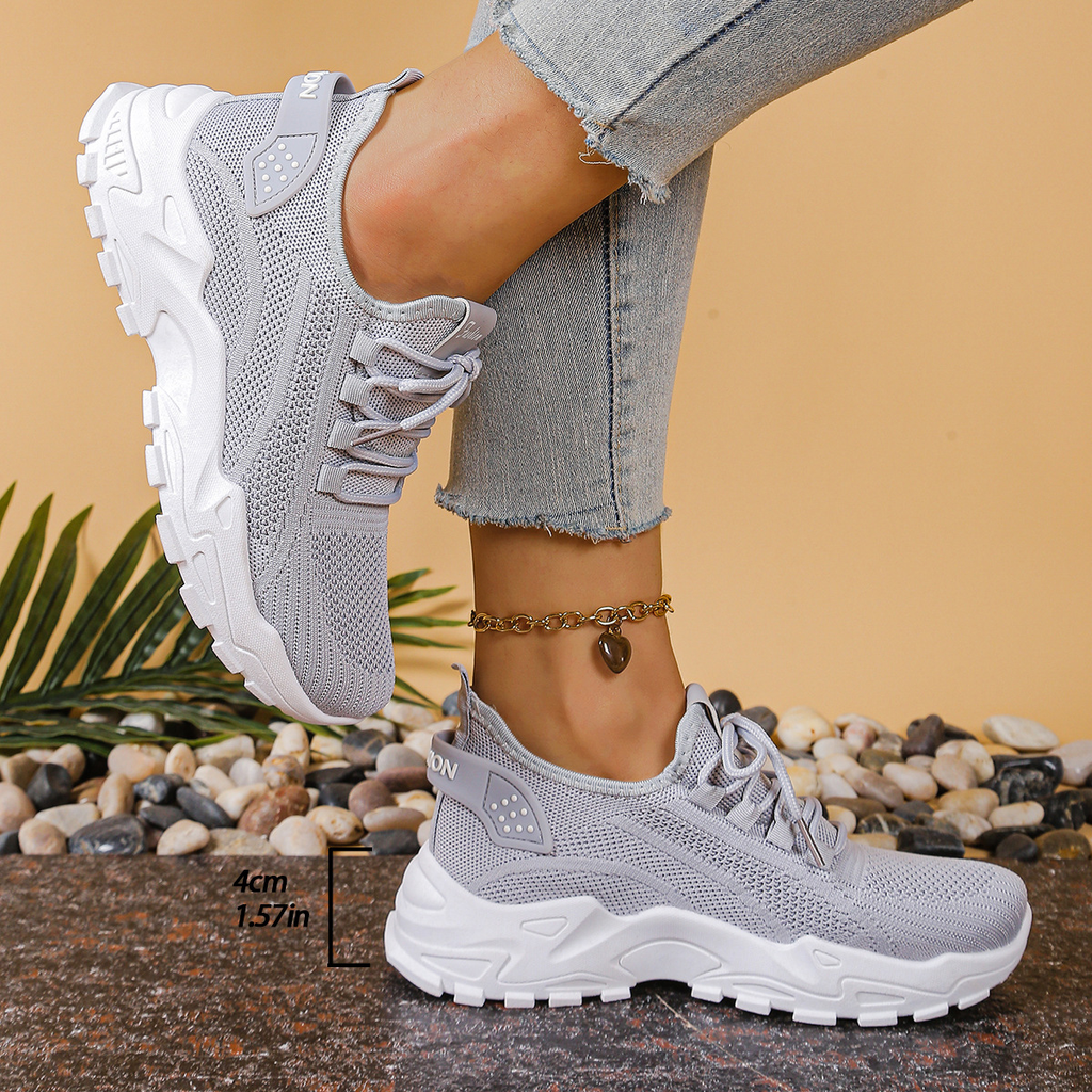 Chunky Sneakers Beige Mesh Lace-Up Platform Women's Trainers – Casual, Walking, Everyday Comfort