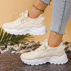 Chunky Sneakers Beige Mesh Lace-Up Platform Women's Trainers – Casual, Walking, Everyday Comfort