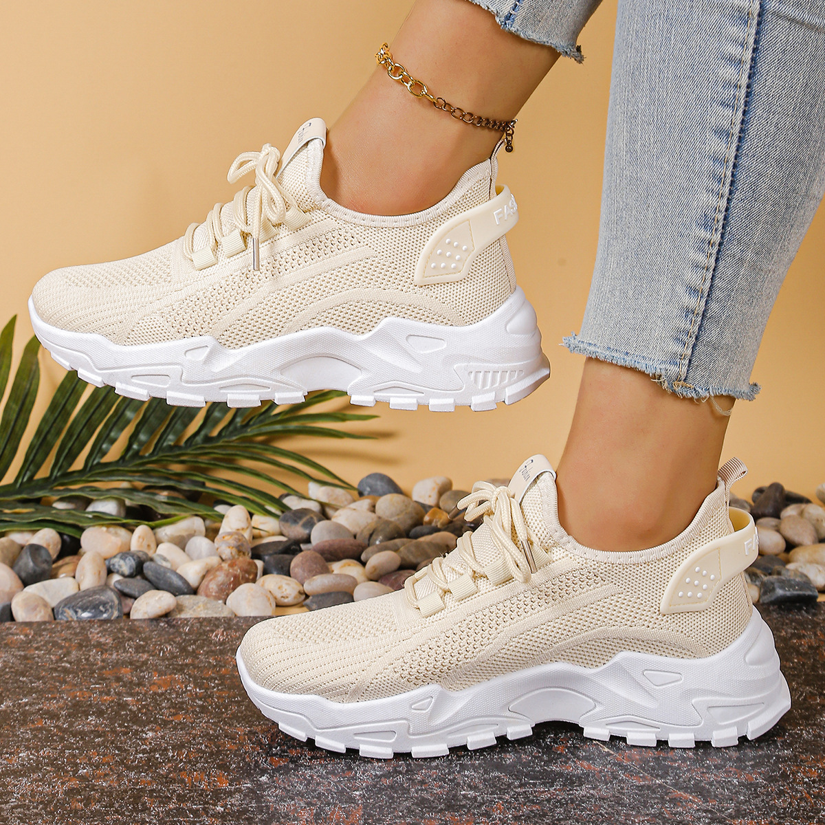 Chunky Sneakers Beige Mesh Lace-Up Platform Women's Trainers – Casual, Walking, Everyday Comfort
