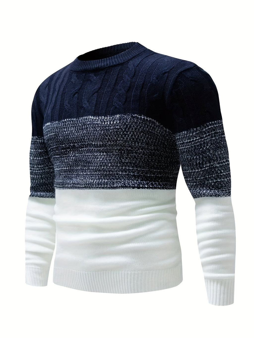Color-Block Crew Neck Sweater Men's Cable Knit Long Sleeve Pullover – Casual, Office, Gift