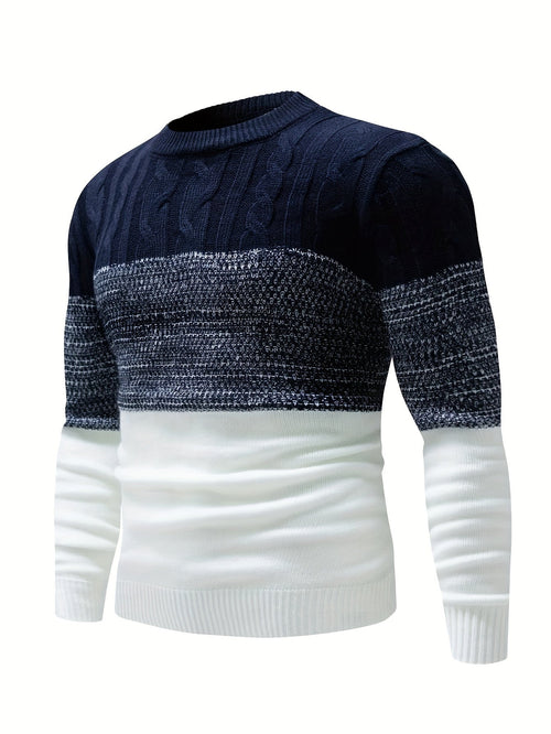 Color-Block Crew Neck Sweater Men's Cable Knit Long Sleeve Pullover – Casual, Office, Gift