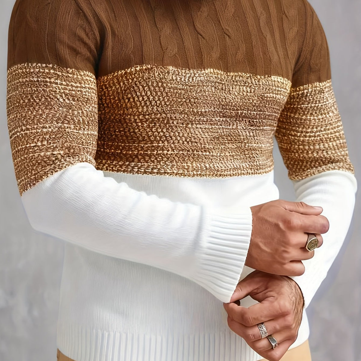 Color-Block Crew Neck Sweater Men's Cable Knit Long Sleeve Pullover – Casual, Office, Gift