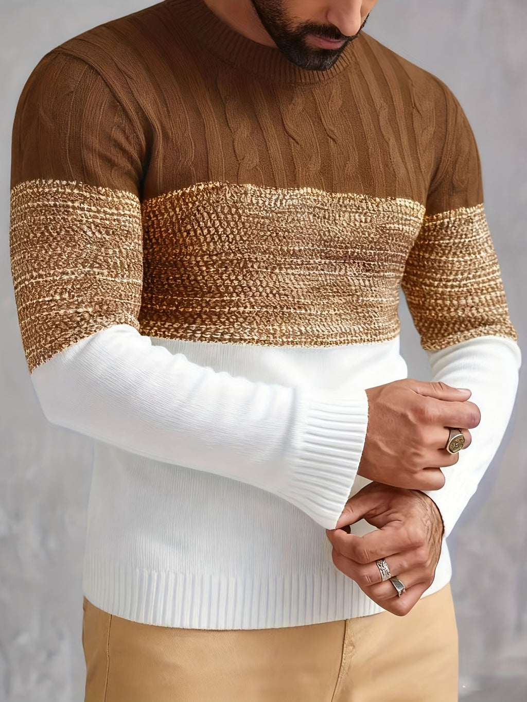 Color-Block Crew Neck Sweater Men's Cable Knit Long Sleeve Pullover – Casual, Office, Gift