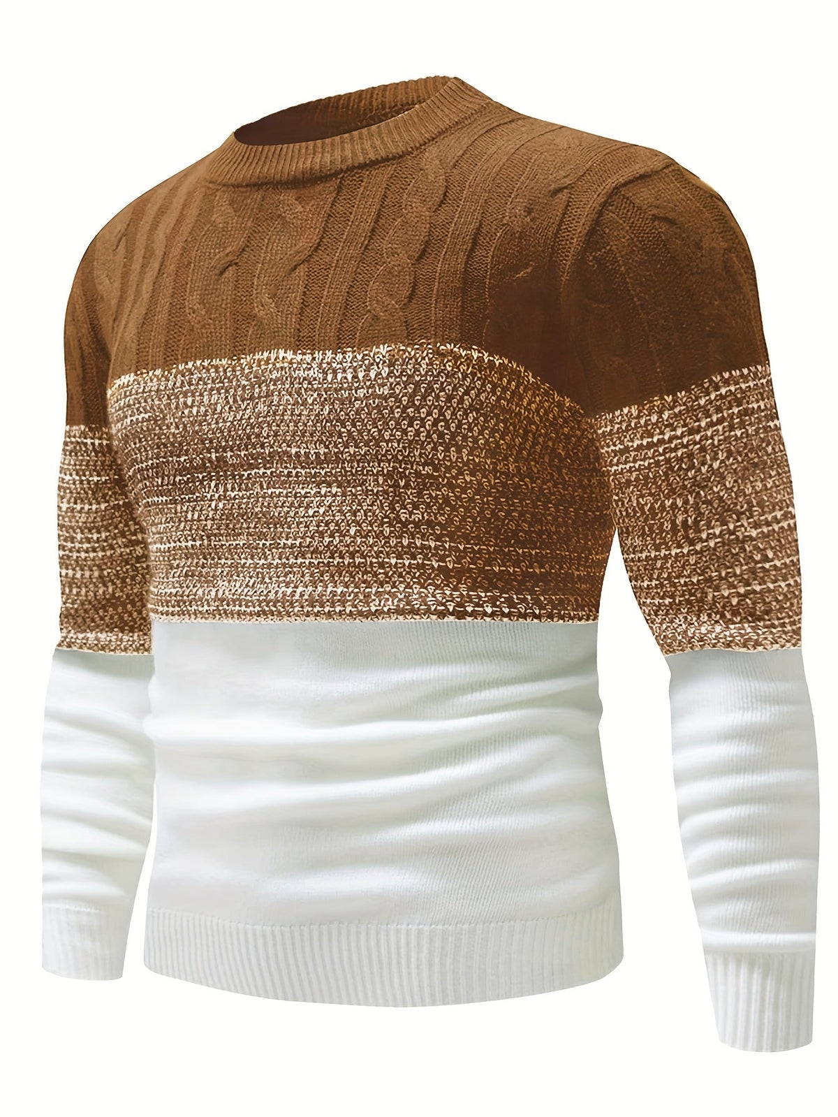 Color-Block Crew Neck Sweater Men's Cable Knit Long Sleeve Pullover – Casual, Office, Gift