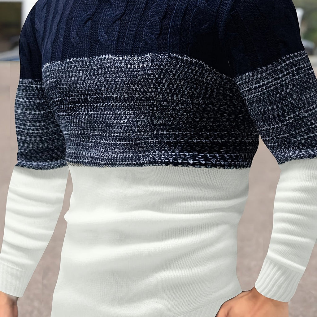 Color-Block Crew Neck Sweater Men's Cable Knit Long Sleeve Pullover – Casual, Office, Gift
