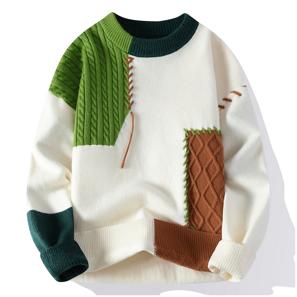 Color Block Knit Sweater Men's Crewneck Cable-Knit Pullover – Casual, Office, Holiday, Gift