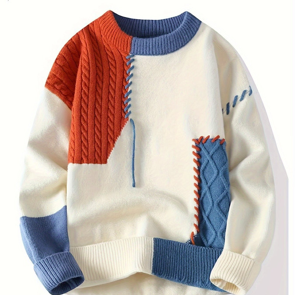 Color Block Knit Sweater Men's Crewneck Cable-Knit Pullover – Casual, Office, Holiday, Gift