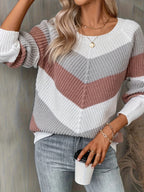 Colorblock Chevron Knit Sweater Women's Long Sleeve Crew Neck Pullover – Casual, Office