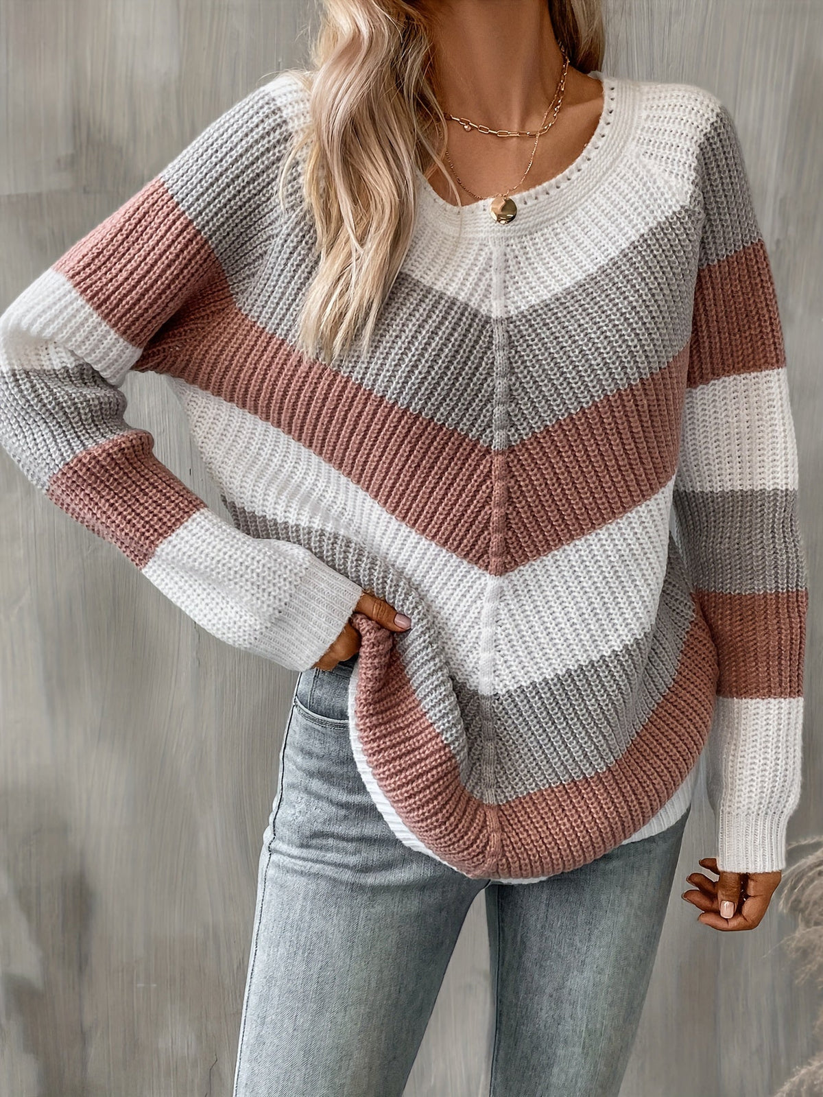 Colorblock Chevron Knit Sweater Women's Long Sleeve Crew Neck Pullover – Casual, Office