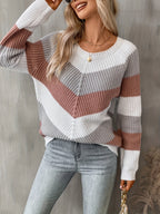 Colorblock Chevron Knit Sweater Women's Long Sleeve Crew Neck Pullover – Casual, Office