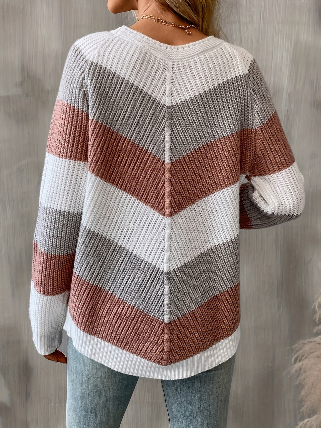 Colorblock Chevron Knit Sweater Women's Long Sleeve Crew Neck Pullover – Casual, Office
