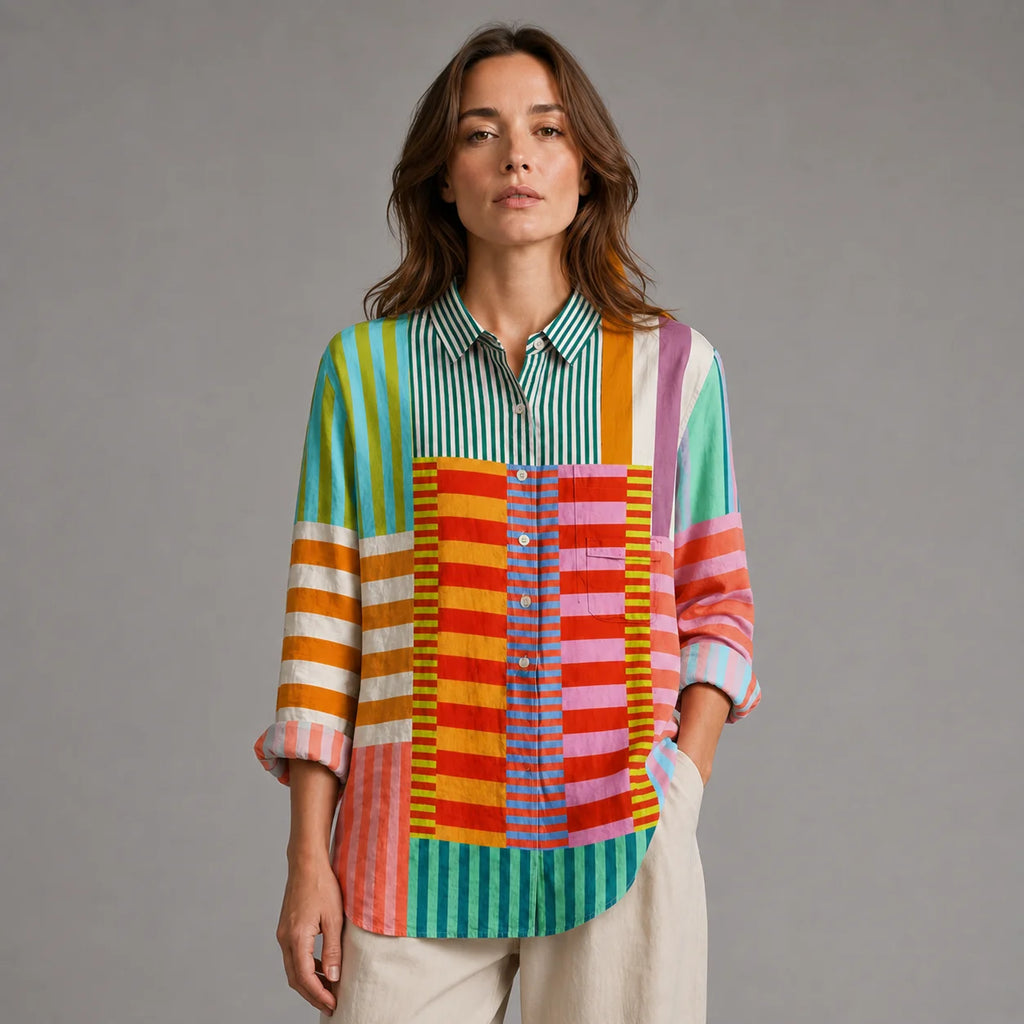 Colorful Striped Color Block Shirt Women's Long Sleeve Button-Up Blouse – Casual, Office
