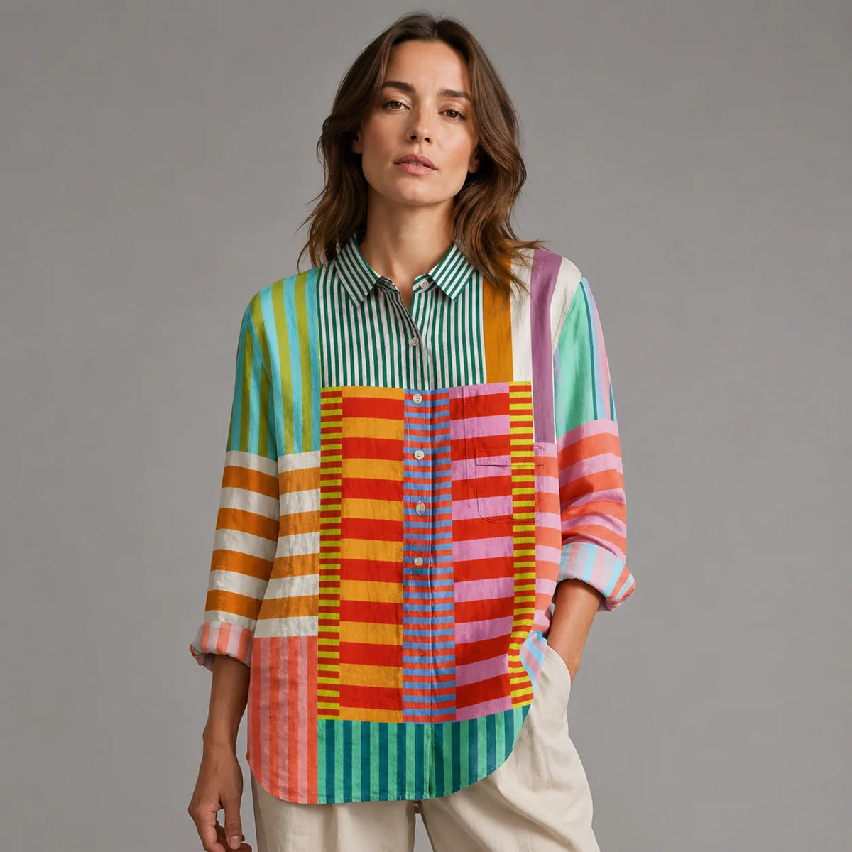 Colorful Striped Color Block Shirt Women's Long Sleeve Button-Up Blouse – Casual, Office